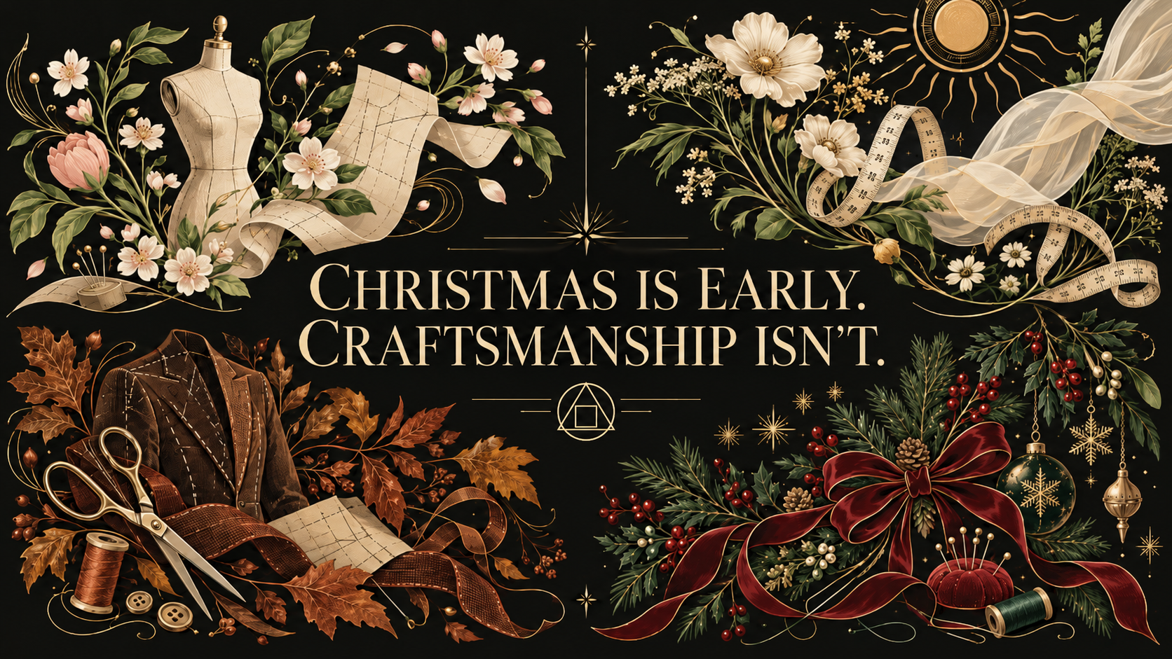 Seasonal botanical illustration with a dress form, garment patterns, sewing tools and Christmas foliage, surrounding the words ‘Christmas is early. Craftsmanship isn’t.’ and the Pattern Alchemy emblem.